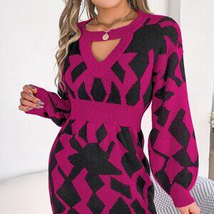 Contrast Round Neck Cutout Long Sleeve Mini Sweater Dress